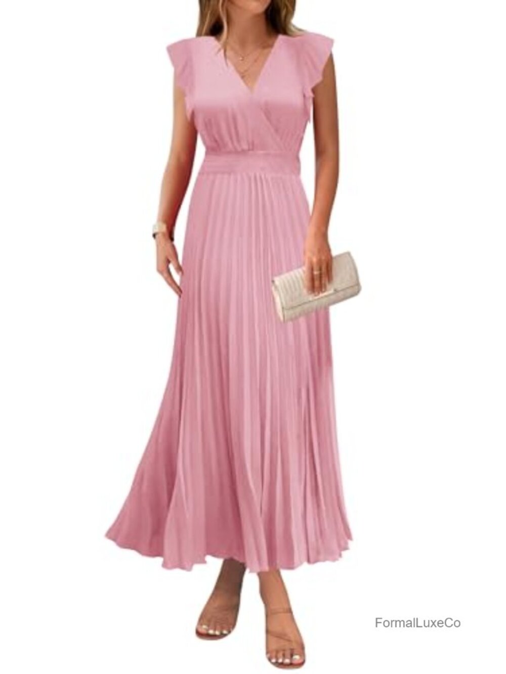 KIRUNDO V Neck Ruffle Flutter Sleeve Empire Waist Pleated Flowy Maxi Dress